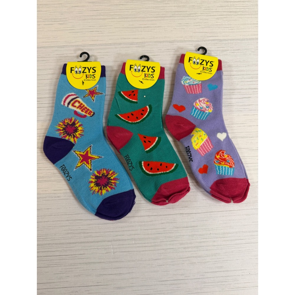 Foozys Kids Crew Socks 3 Pair Pack Cheerleader Watermelon Cupcake Size 6-8.5